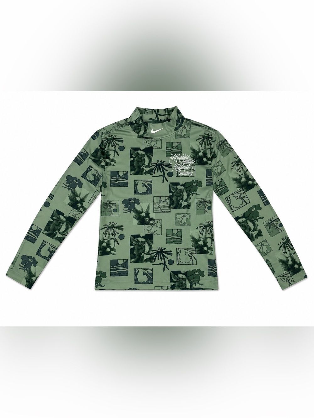 Nike Mock Neck Long Sleeve Shirt Size S Green Floral Fern Graphic Embroidered